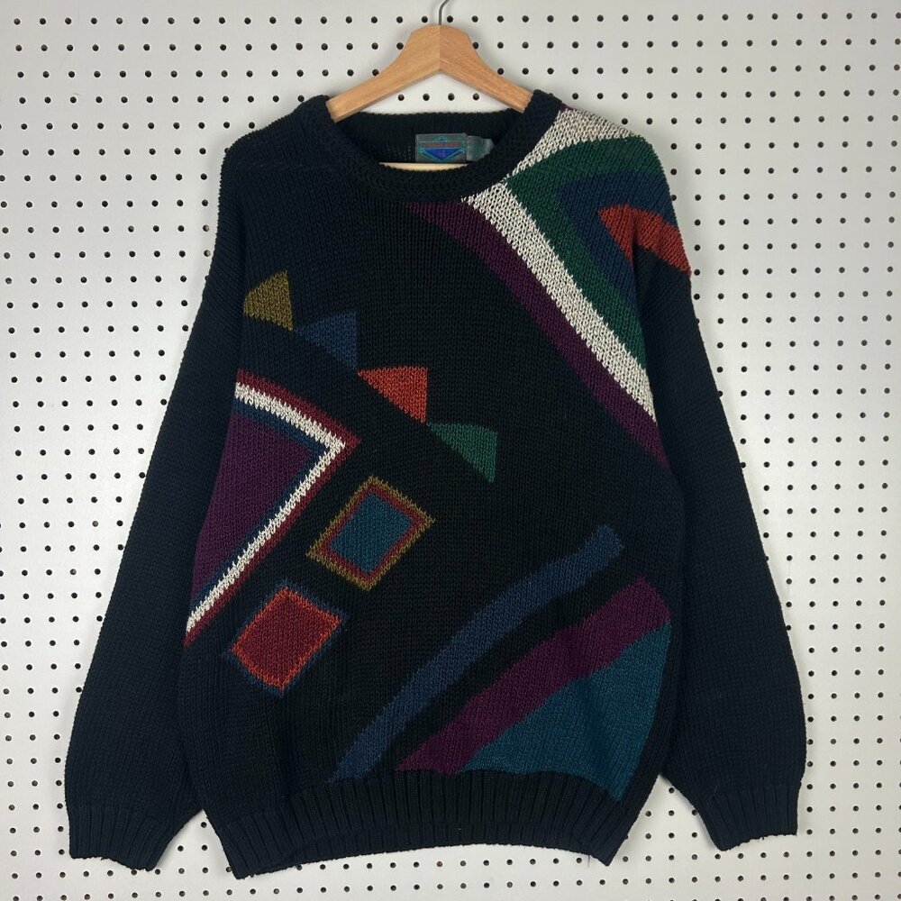 Etchings Colorful Chunky‎ Knit Sweater Large Black Multicolor Grandpa 90s Heavy